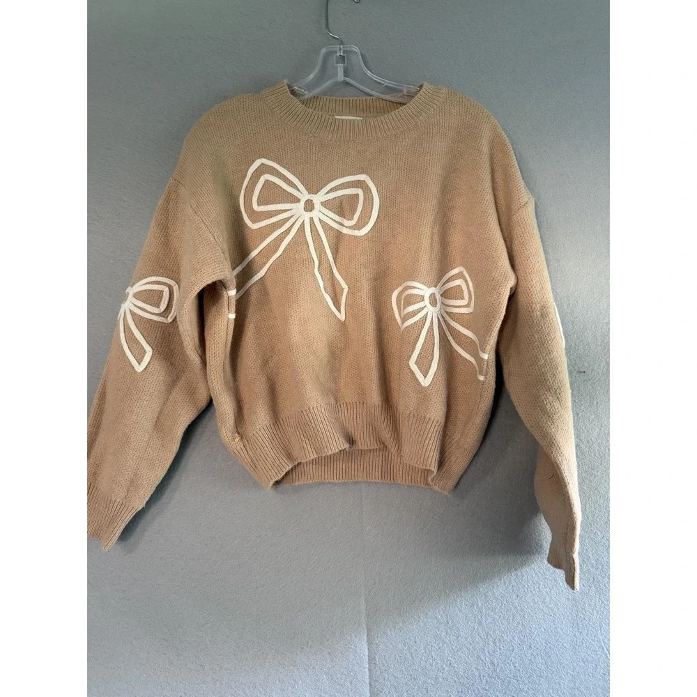 Luna Ivy Sweater Womens Small Beige Bow Crew Neck Long Sleeve Knit Pullover